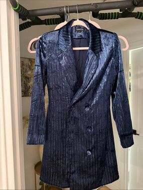 Yumi Kim Navy Blue Textured Velvet Double-Breasted Blazer Coat